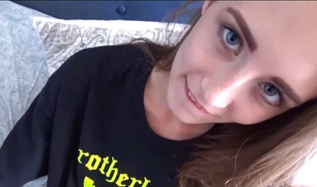 Little sister couldn't resist and snuck into her brother's bed at night, but the blowjob escalated into rough incest with an unexpected facial finish