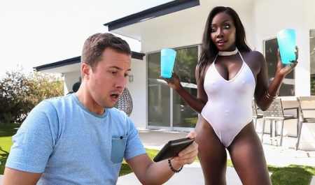 While her boyfriend is at work, a bold, big-breasted black woman drags his white stepson into bed for rough, forbidden sex.