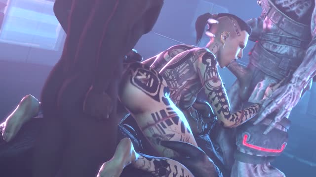Tattooed Brunette from Mass Effect Agrees to Rough Anal with a Monster and His Two Friends to Survive