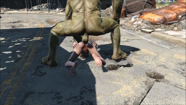 Fall on the Heroine in Fallout 4: Two Giant Mutants Attack from Both Sides