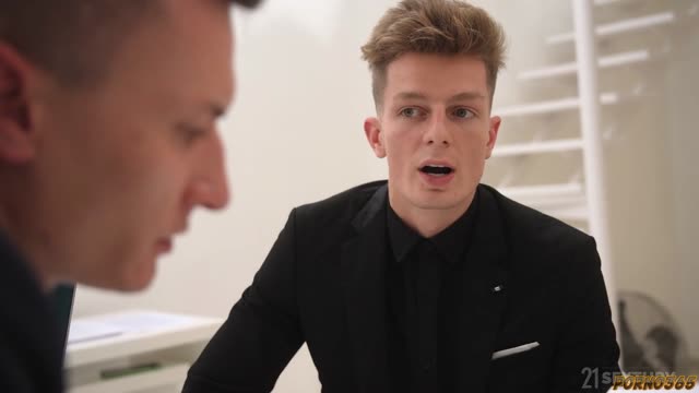 Secretary moans loudly in a threesome with the boss and his buddy, taking it in both holes
