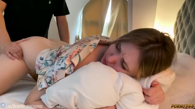 Stepmother pretends to be asleep while her stepson takes off her lingerie and has sex with her.